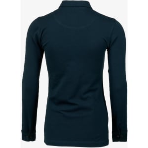 A dark teal women's polo shirt with long sleeves and a collar, featuring button details at the cuffs.