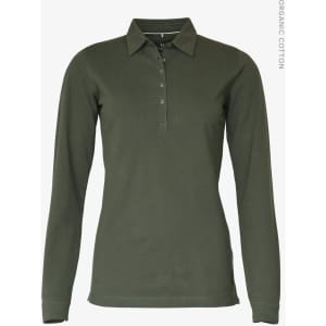A long-sleeve women's polo shirt in olive green, featuring a classic collar and a button placket. It has a logo.