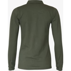 A women's polo shirt in a dark olive green colour, featuring a collar and long sleeves. It has a logo.