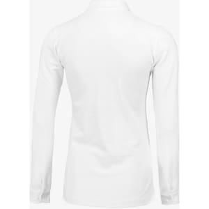 A white long-sleeve polo shirt for women, featuring a collar and a logo on the back.