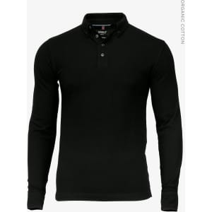 A black long-sleeved polo shirt featuring a collar, buttons, and a logo. Made of organic cotton.