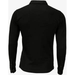 A black long-sleeved polo shirt with a collar and buttoned cuffs, featuring a logo on the back.