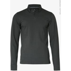 A dark grey long-sleeved polo shirt made from organic cotton, featuring a collar and a placket.