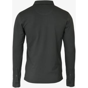 A dark grey long-sleeve polo shirt with a collar and buttoned cuffs, featuring a logo.