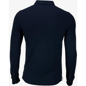 A dark navy polo shirt with long sleeves and a collar, featuring a logo on the side.