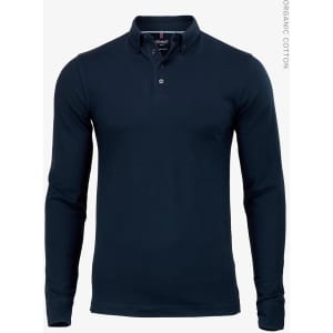A navy blue long-sleeve polo shirt made from organic cotton, featuring a collar and a front placket with buttons.