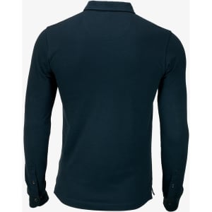 A dark navy blue polo shirt with long sleeves and a buttoned cuff, featuring a logo on the chest.