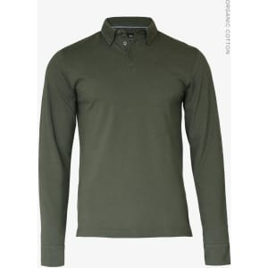 An olive green long-sleeved polo shirt made of organic cotton with a collar and a logo.