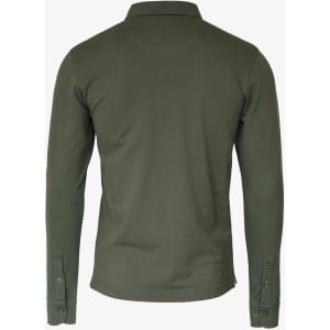 A long-sleeved, olive green polo shirt featuring a collar and branded logo on the back.