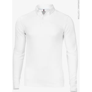 A long-sleeved white polo shirt made from organic cotton, featuring a collar and a logo.