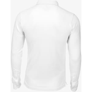 A white long-sleeve polo shirt with a collar and a logo on the front.