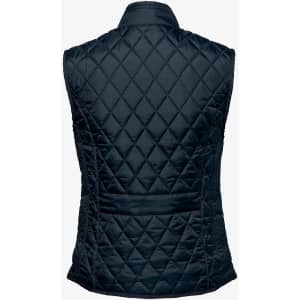 A navy quilted women's vest featuring a sleeveless design and a rear pocket, with branding present.