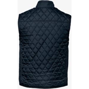 A navy, quilted men's vest with a high collar and a textured pattern on the back. Features a logo.
