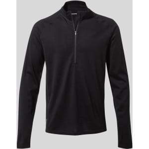 A black Merino half zip long sleeve baselayer top with a front zipper and long sleeves. Features a logo.