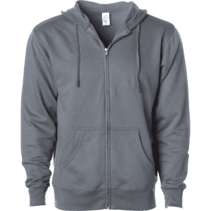A grey midweight zip hooded sweatshirt featuring a front zipper and two pockets. It has a logo on the chest.
