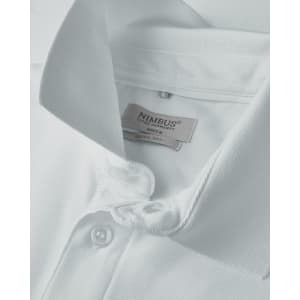 A white polo shirt with a collar and button placket, featuring a logo on the label inside.