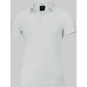 A white polo shirt with a collar and short sleeves, featuring a brand logo on the front.