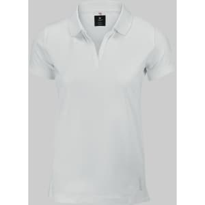 A white women's polo shirt with a classic design and a logo on the label.