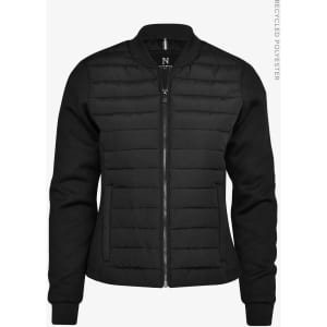A black women's jacket with a zip front, ribbed cuffs, and a puffer design, featuring pockets and a logo.