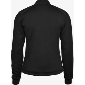 A black women's jacket with a fitted design, featuring long sleeves and a high collar. Branding is visible.
