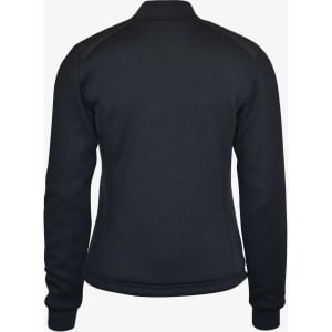 A black women's jacket with a fitted design, featuring long sleeves and a high collar, viewed from the back.
