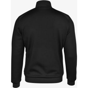 A black men's jacket featuring a high collar and ribbed cuffs, designed with a simple, sleek silhouette.