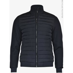 A navy jacket with a quilted design and high collar, featuring a zip front and ribbed cuffs. It has a logo.