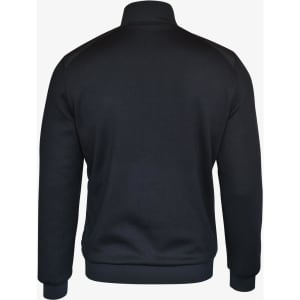 A dark navy men’s jacket with a high collar and a fitted design, featuring a logo on the back.