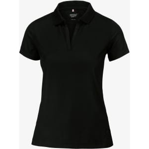 A black women's polo shirt featuring a collar and short sleeves, with a logo on the chest area.