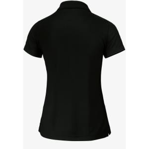 A black polo shirt for women featuring a collar and short sleeves, with a logo on the back.