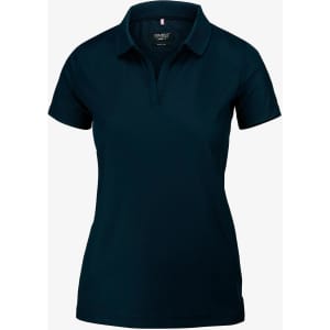 A women’s polo shirt in navy blue, featuring a collar and short sleeves, with a logo on the chest.