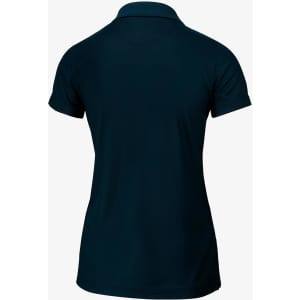 A navy women's polo shirt featuring a classic collar and short sleeves, with a logo on the back.