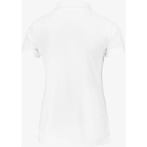 A white women's polo shirt with a collar and short sleeves, featuring a logo on the side.