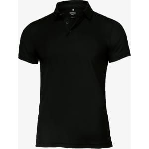 A black polo shirt featuring a collar and a logo. Suitable for various casual occasions.