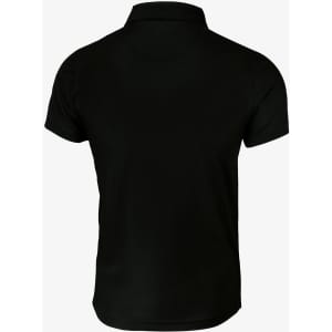 A black polo shirt with a collar and short sleeves, featuring a branding logo on the front.