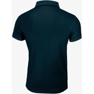 A dark teal polo shirt with short sleeves and a collar, featuring a logo on the back.