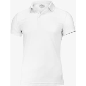 A white polo shirt featuring a collar and a logo on the side. Suitable for casual wear or sporting events.