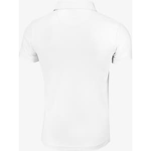 A white polo shirt with a classic design and a logo on the chest.