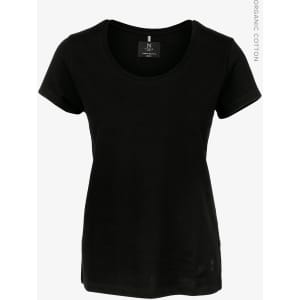 A black women's T-shirt with a round neckline and short sleeves, featuring a logo. Made from organic cotton.