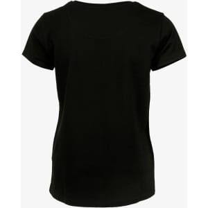 A black women's T-shirt featuring a round neck and short sleeves, with a logo on the back.