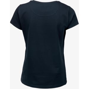 A navy blue women's T-shirt featuring a simple, classic design and short sleeves. It has a logo on the back.
