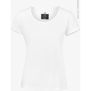 A white women's T-shirt featuring a round neckline and short sleeves, with a brand logo on the label.