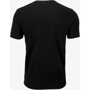 A black t-shirt with short sleeves and a rounded neck, featuring a logo on the back.