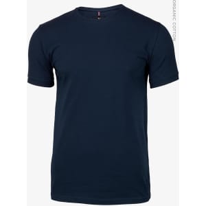 A navy blue t-shirt made from organic cotton, featuring a simple design and short sleeves. It has a small logo on the side.
