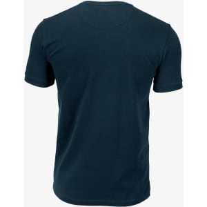 A dark blue men's T-shirt featuring a standard crew neck and short sleeves, with a logo on the back.