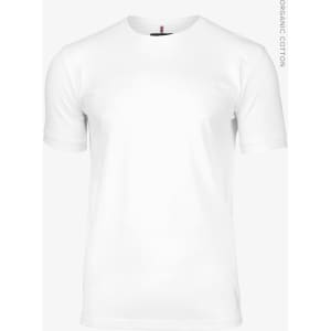 A plain white men's t-shirt made of organic cotton, featuring a logo on the neck.