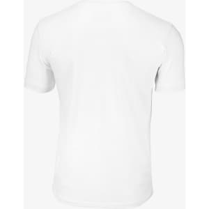 A plain white T-shirt featuring a crew neck and short sleeves, with a branding logo on the back.