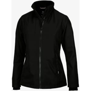 A black women's jacket with a high collar and zip closure, featuring a logo on the front.