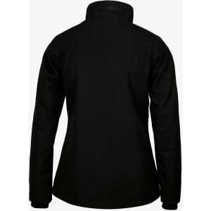 A black women's jacket with a high collar and a sleek, simple design. It features a logo on the back.