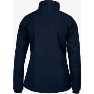 A navy women's jacket with a high collar, featuring a fitted design and no visible logos.